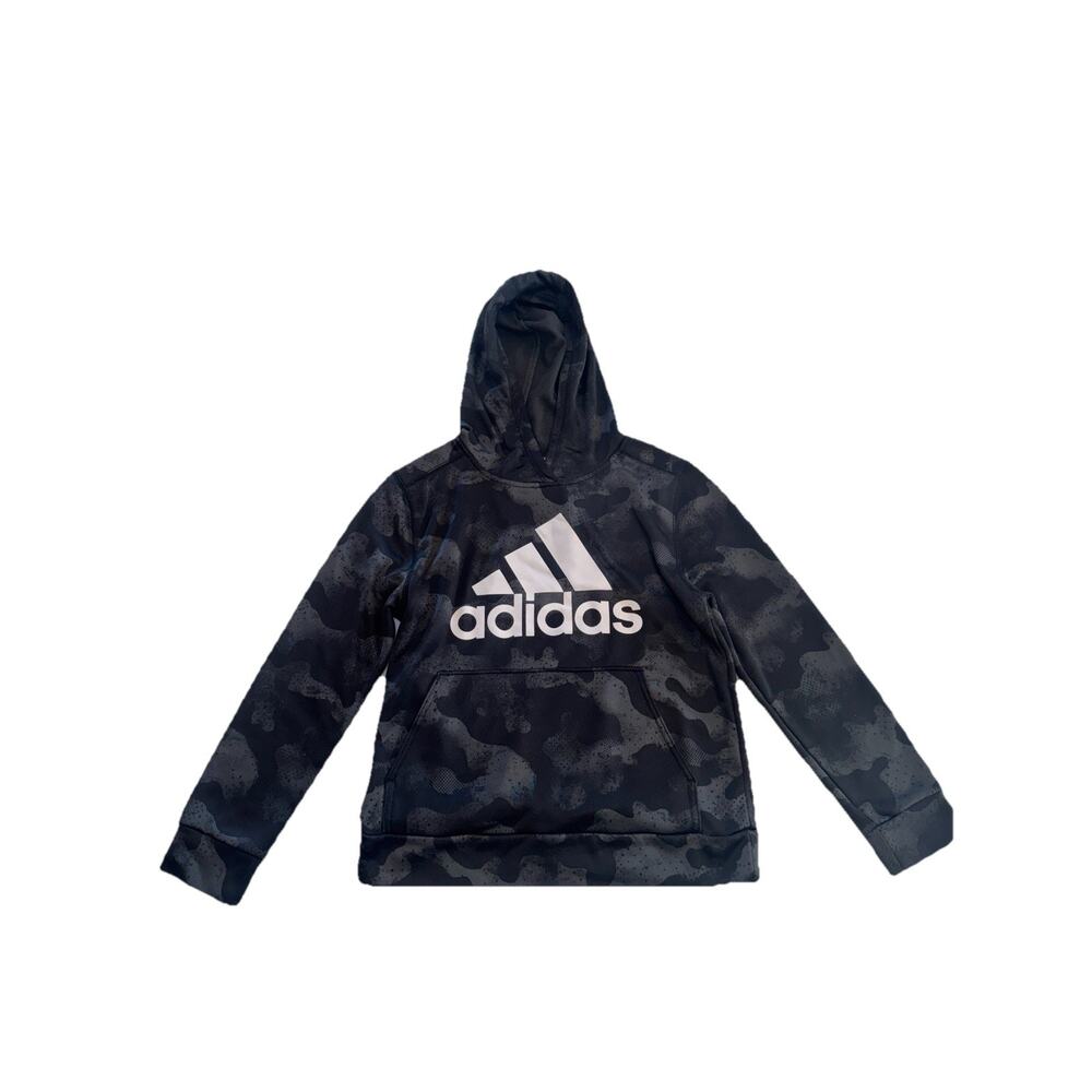 Boys Adidas Fleece Lined Logo Gray Black Muted Camo Hoodie Jacket Size M (10-12)